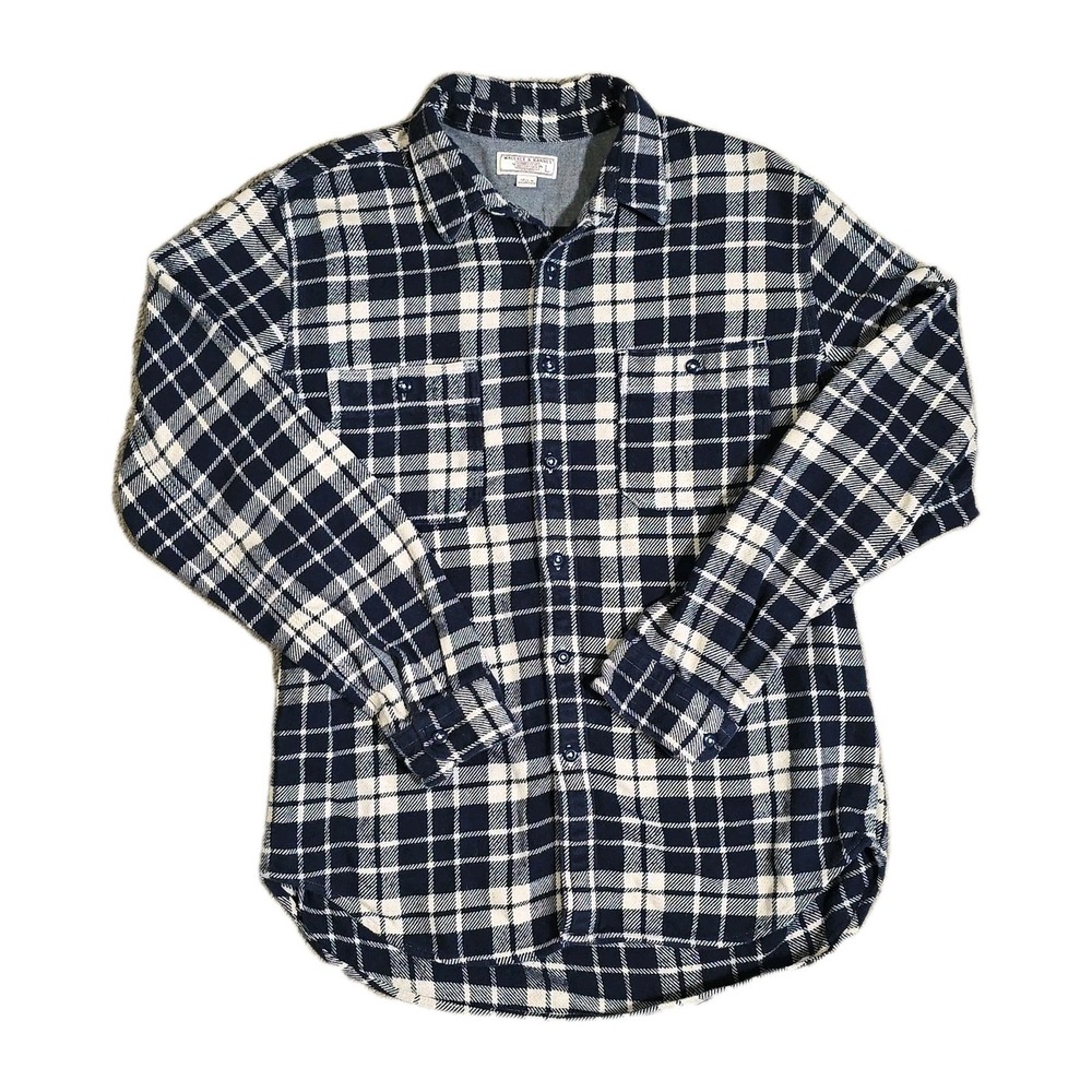 Wallace & Barnes flannel shirt L navy blue plaid heavyweight thick preppy gorp